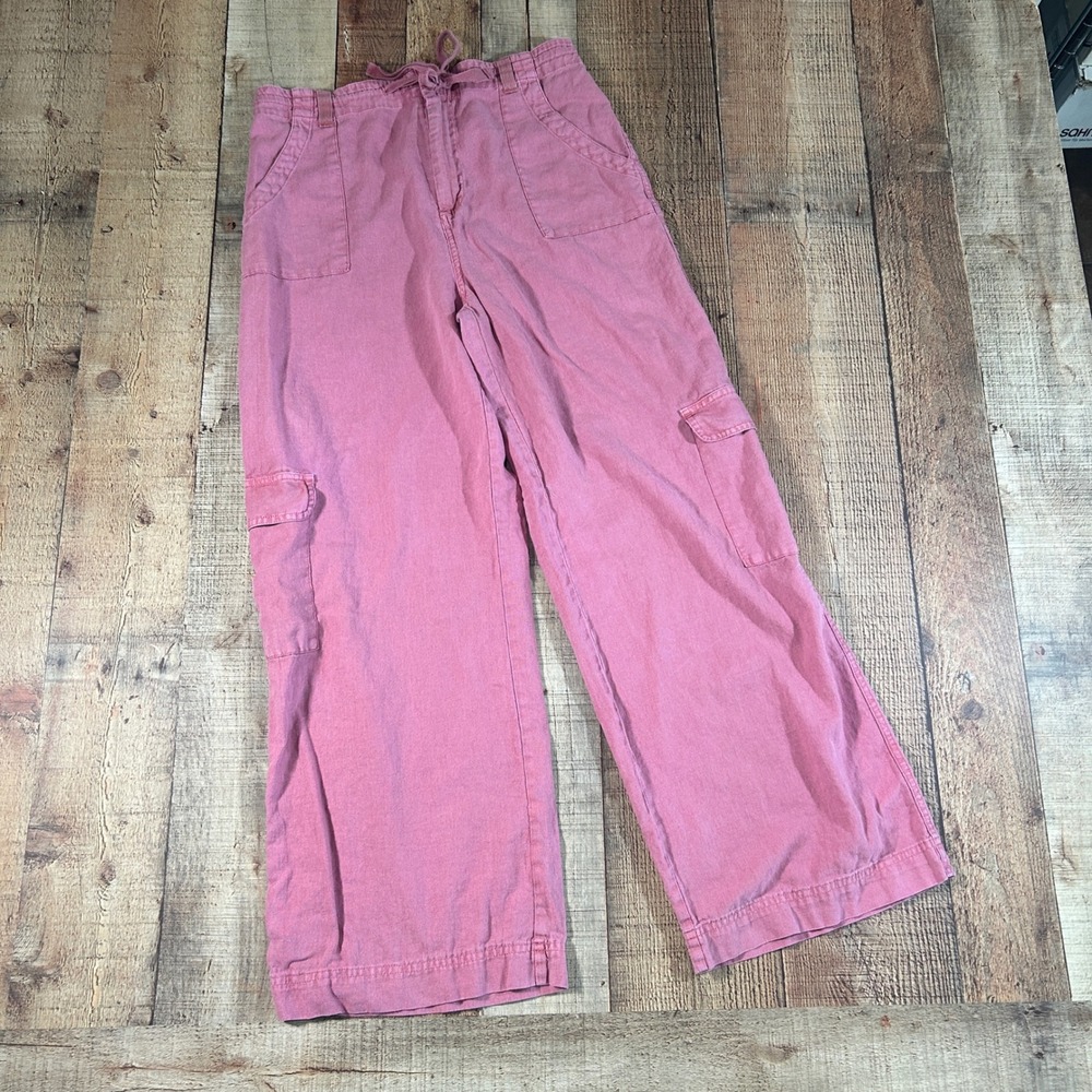 Sincerely Jules Cargo Pants Womens L Dusty Rose Linen Look Drawstring Wide Leg